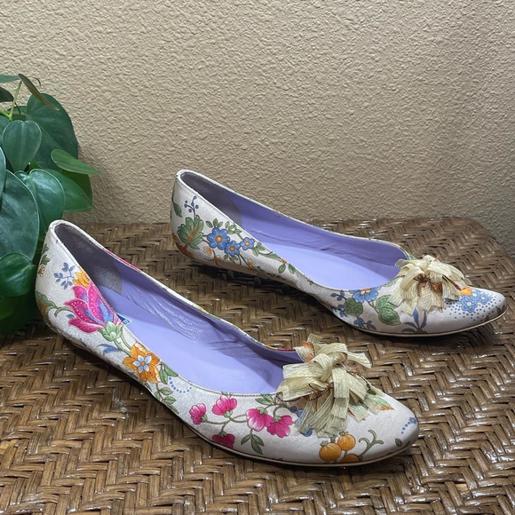 Lundi Bleu Floral Fringe Detail Round Toe Satin Multi Slip-on Kitten Heel - Picture 3 of 11